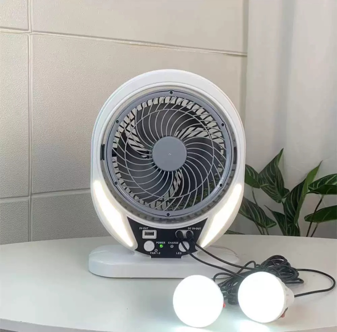 8-Inch Solar Rechargeable Table Fan with LED Bulbs | Portable Outdoor Fan
