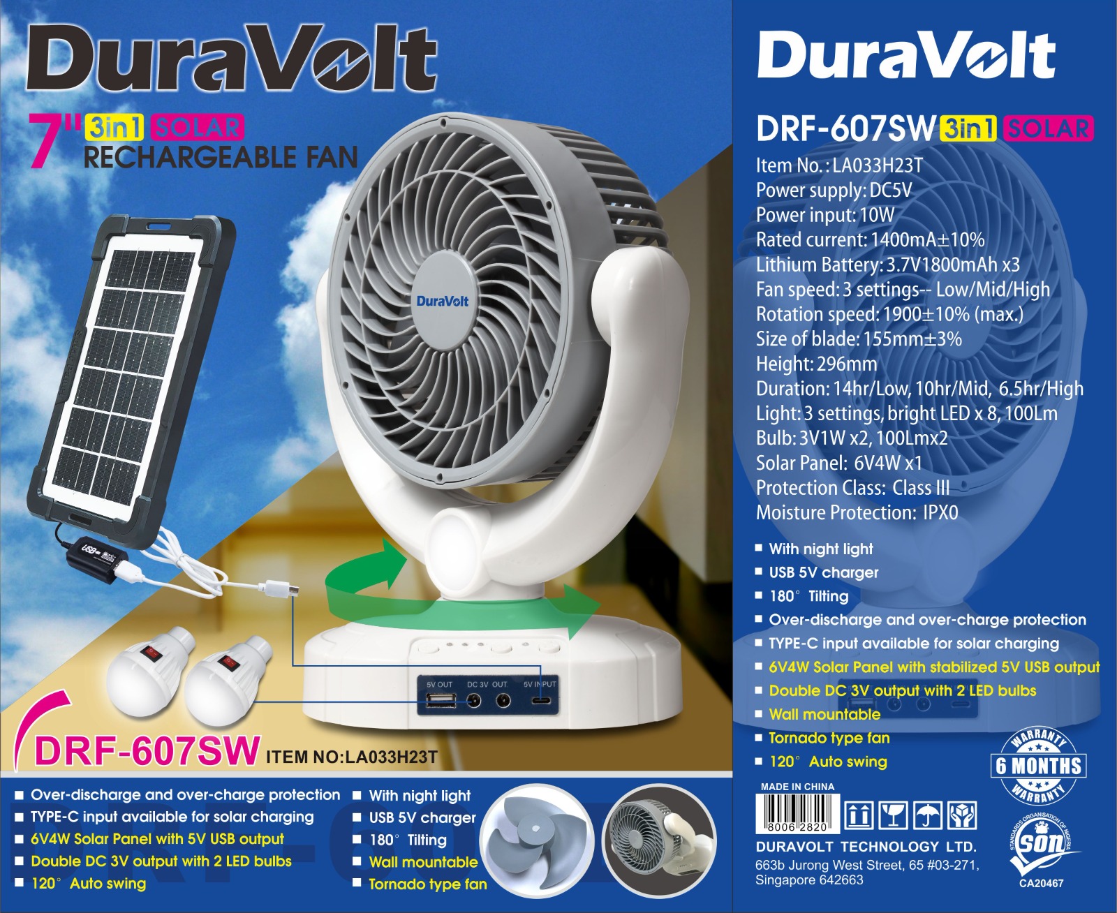 DuraVolt DRF-607SW 7-Inch 3-in-1 Solar Rechargeable Fan with Solar Panel & LED Bulbs