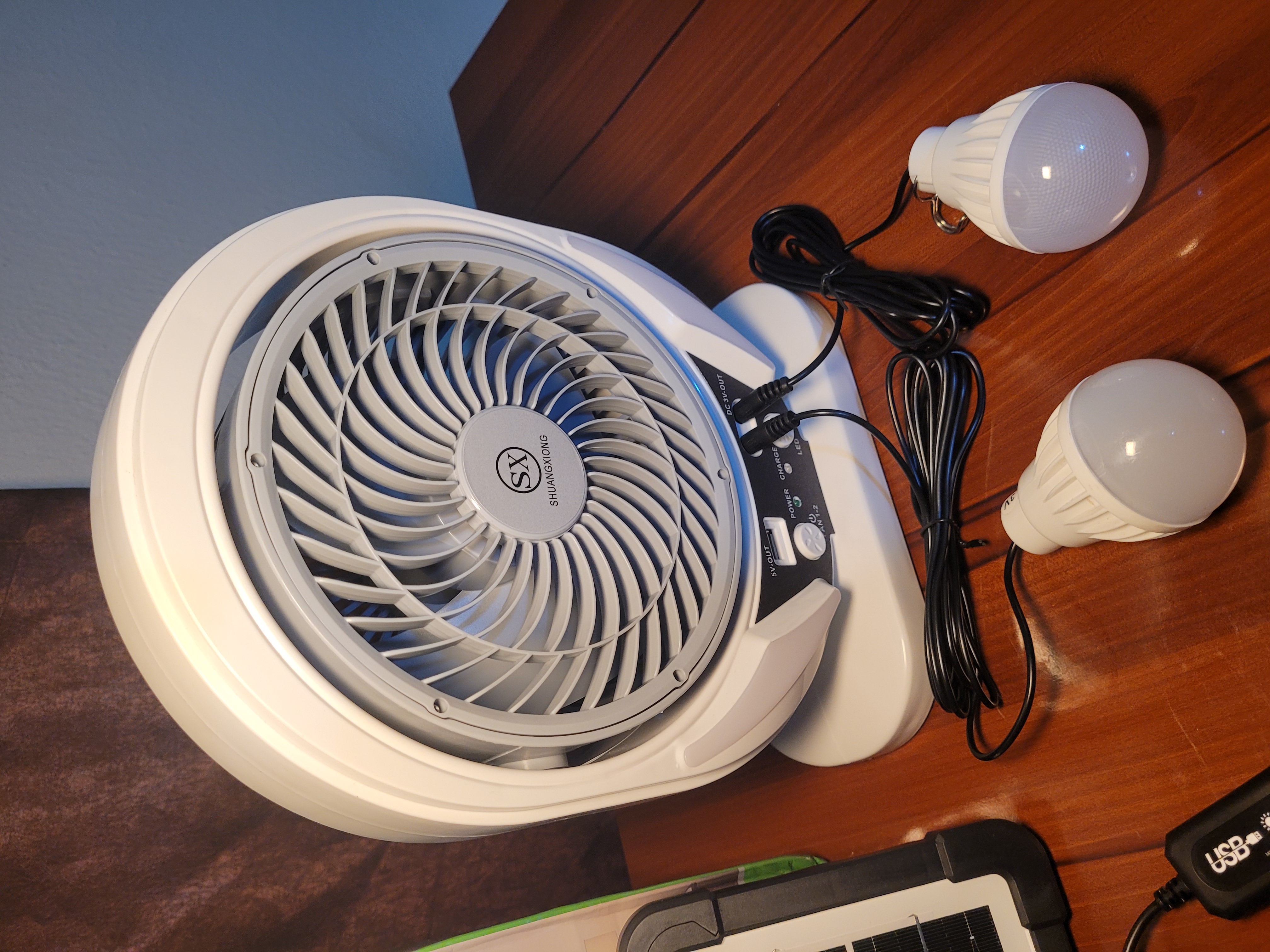 8-Inch Solar Rechargeable Table Fan with LED Bulbs | Portable Outdoor Fan