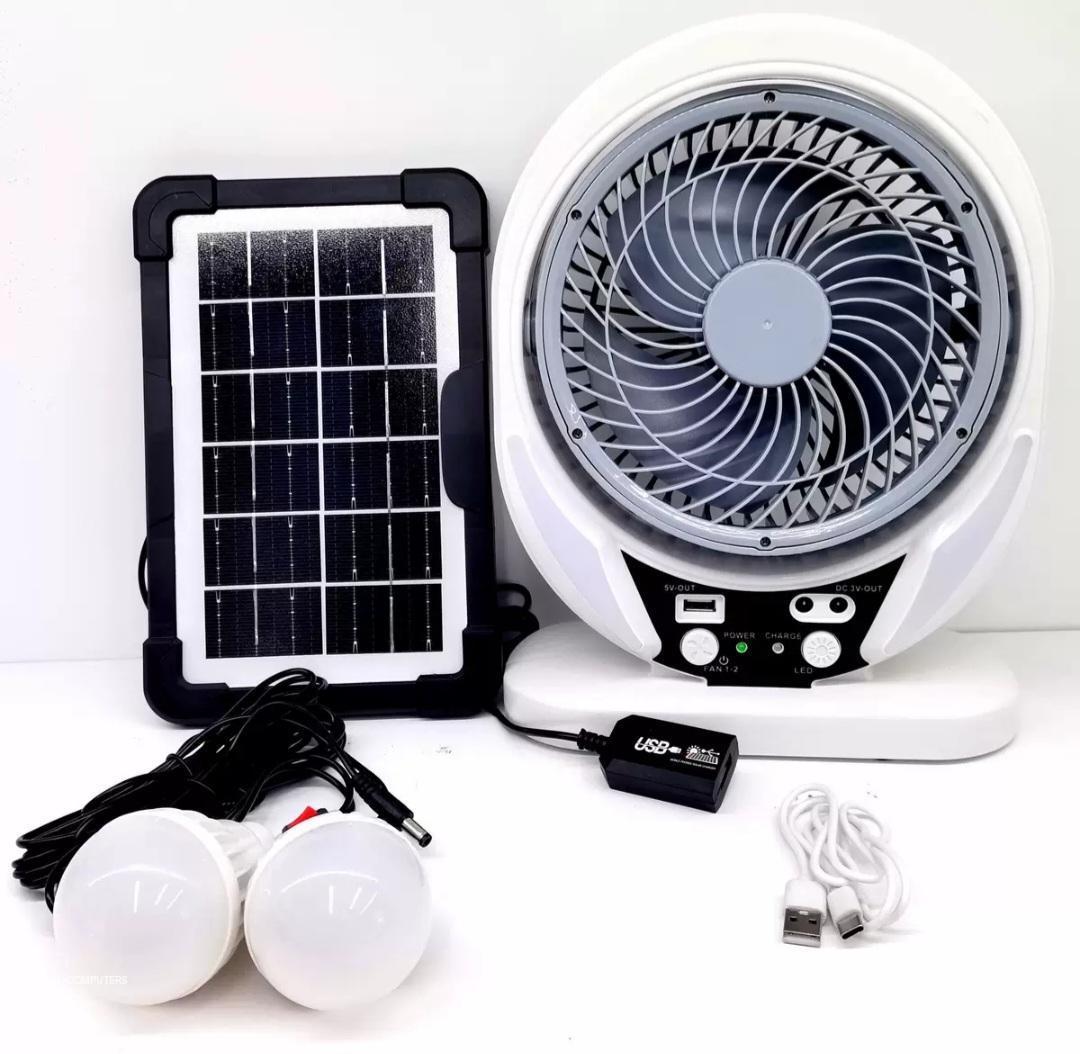 8-Inch Solar Rechargeable Table Fan with LED Bulbs | Portable Outdoor Fan