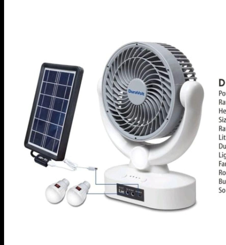 DuraVolt DRF-607SW 7-Inch 3-in-1 Solar Rechargeable Fan with Solar Panel & LED Bulbs